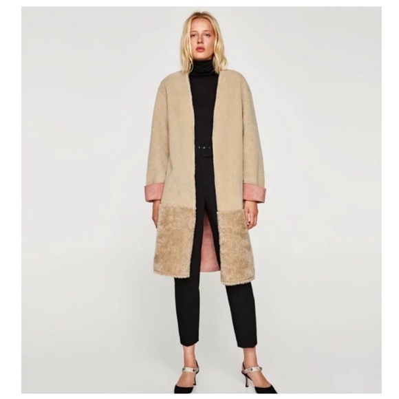 Zara 2 Sided Suede Teddy Coat pink/beige/cream - Picture 2 of 9